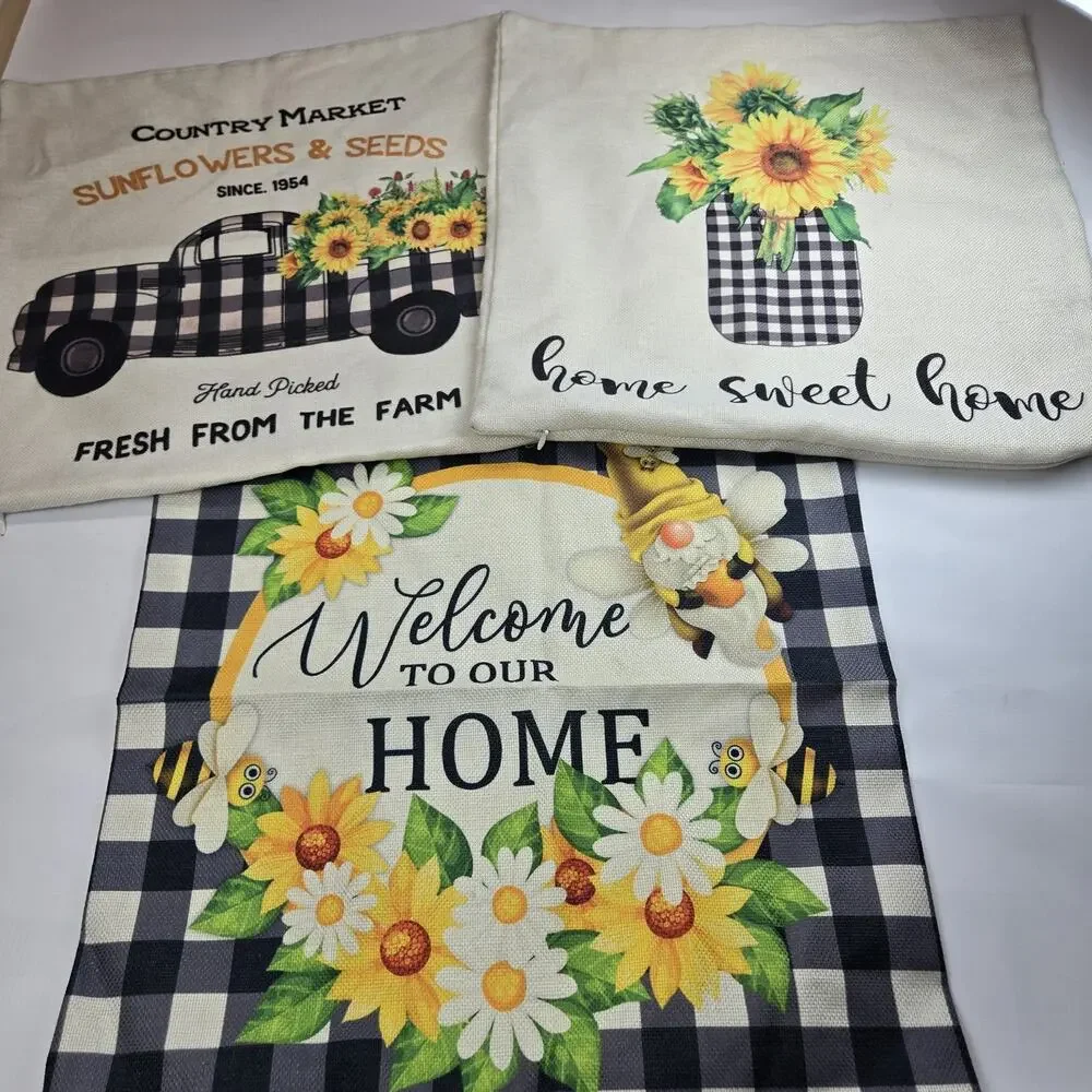 Lot of 3 Square Throw Pillow Covers Farmhouse Sunflower Gingham Black 18x18